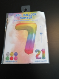 Folieballon Cijfer 7  Rainbow 86 cm  lucht en helium geschikt