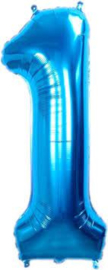 Folieballon Cijfer 1  Blauw 36 cm   (lucht) met opblaas rietje