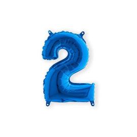 Folieballon Cijfer 2  Blauw 36 cm   (lucht) met opblaasrietje