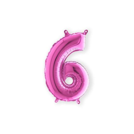 Folieballon Cijfer 6 roze 36 cm   (lucht) met opblaas rietje