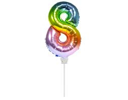 Folieballon Cijfer 8  Rainbow 36 cm   (lucht) met opblaas rietje
