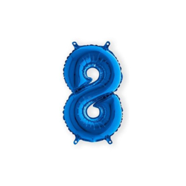 Folieballon Cijfer 8  Blauw 36 cm   (lucht) met opblaas rietje