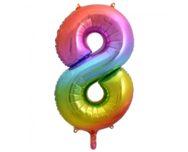 Folieballon Cijfer 8 Rainbow 86 cm  lucht en helium geschikt
