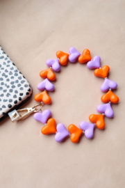 Paarse en oranje hartjes telefoon armband