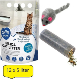 Duvo+ Premium Silica Kattenbakvulling - Voordeelverpakking - 12x 5L - Incl. Wol muisje met catnip!