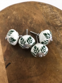 Knop Porselein wit groen blad - 40mm