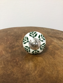Knop Porselein wit groen blad - 40mm
