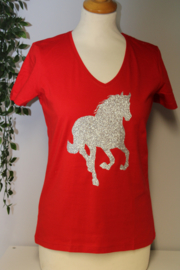 Shirt V-hals met glitterzilver paard mt S