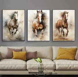 Canvas 3 luik poster Aquarel Paarden