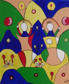 De twee meisjes die touwtje springen het is abstract.