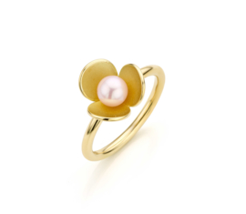 "Honing zoet." Gouden ring met bloem en met parel.