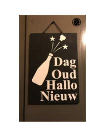 Dag Oud Hallo Nieuw met champagnefles en vuurwerk