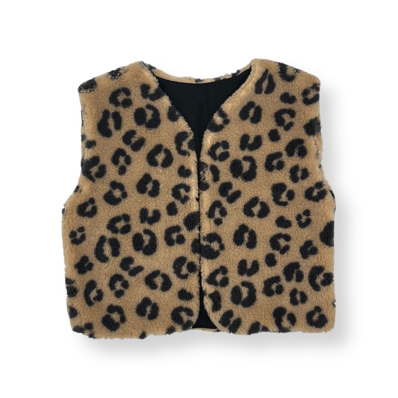 Gilet | Teddy panter donker beige, zwart