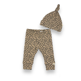 broekje / legging + mutsje |  Ribtricot luipaardprint donker beige