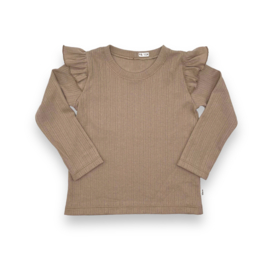 Longsleeve + ruffle |  pointelle donker beige