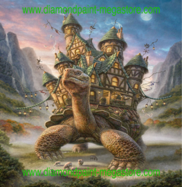 schildpad met dorp op rug
