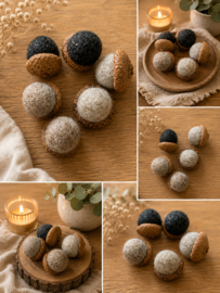 Handgemaakte vilten eikeltjes – set van 6 – herfstdecoratie – natuurlijke woondecoratie