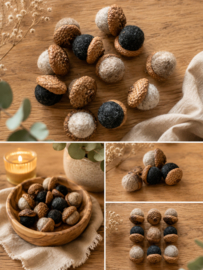 Handgemaakte vilten eikeltjes – set van 6 – herfstdecoratie – natuurlijke woondecoratie