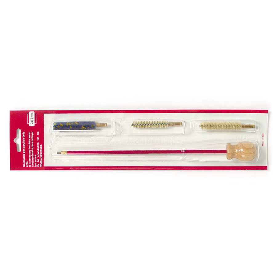 Cleaning kit with pvc coated steel rod Ø4mm or 5mm 1pc beech-wood handle – 3 brushes