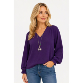 blouse met v-hals en trompetmouwen in diverse kleuren