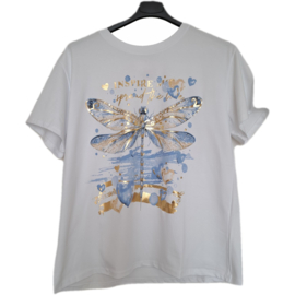 T-shirt wit met blauw libelle