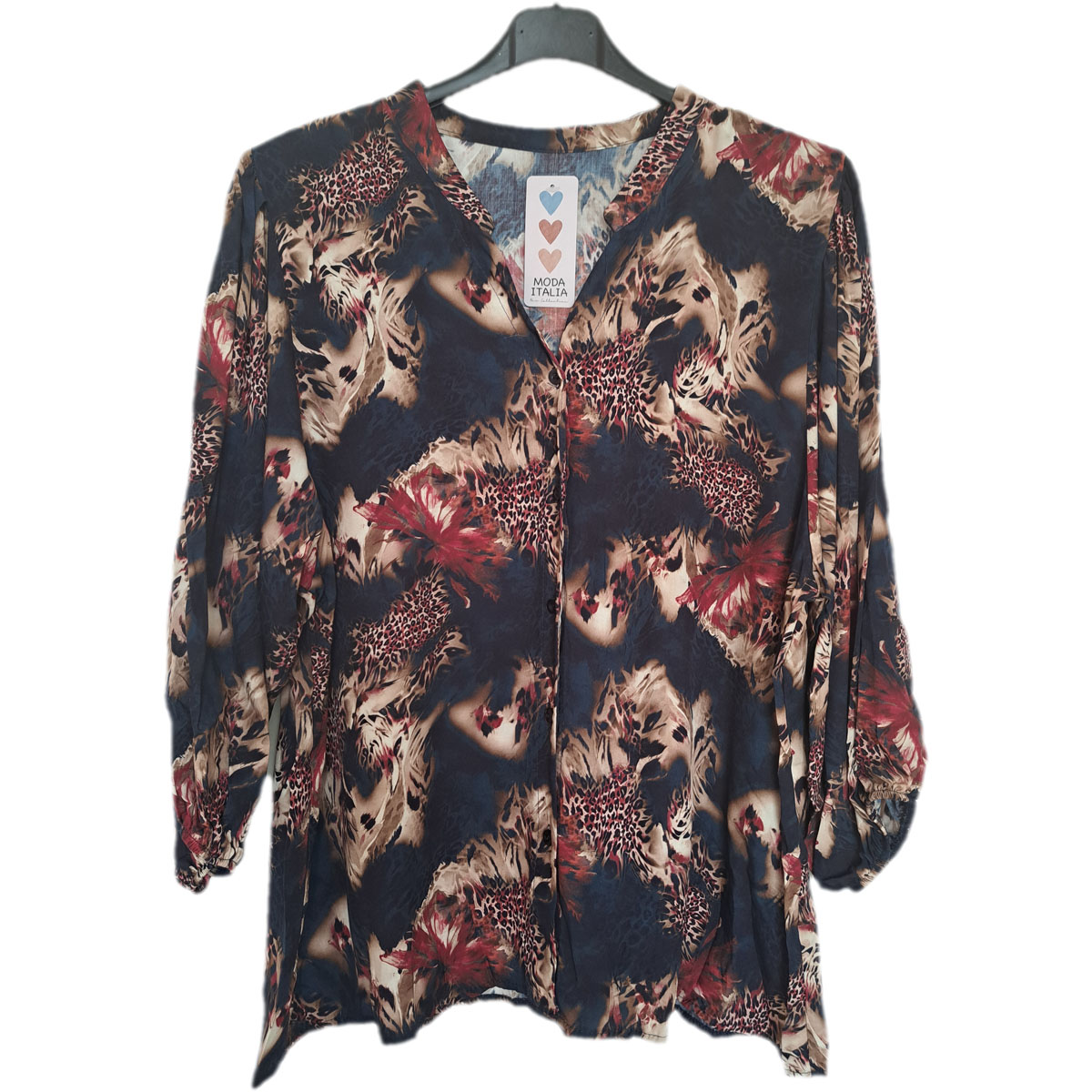 Blouse met knoopsluiting donkerblauw met bordeauxrood
