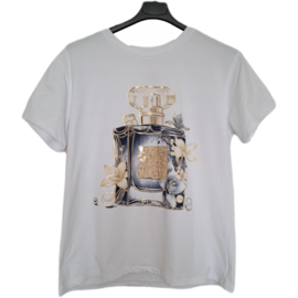 T-shirt wit met donkerblauwe parfumfles