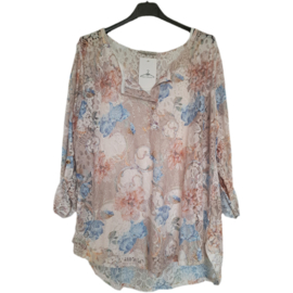 Kanten blouse met los hemdje, beige met kleurtjes