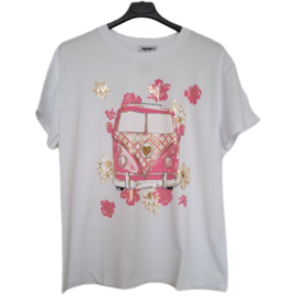 T-shirt wit met roze bus