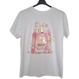 T-shirt wit met roze parfumfles