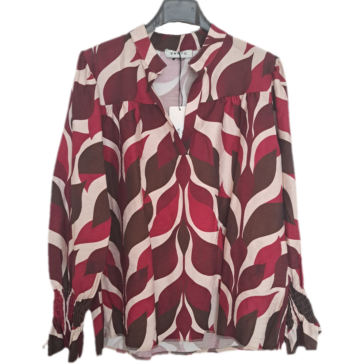 blouse met print bordeauxrood, bruin en ecru