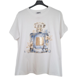T-shirt wit met lichtblauwe parfumfles