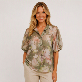 blouse met korte pofmouw, print groen