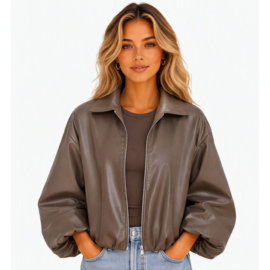 leatherlook jasje met driekwart mouw taupe
