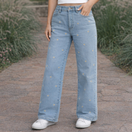 Goodies Wide leg lichte jeans met geborduurde margrietjes