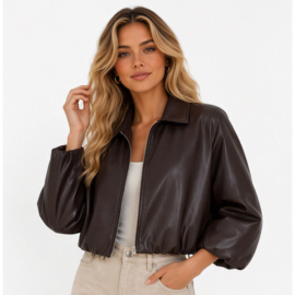 leatherlook jasje met driekwart mouw bruin