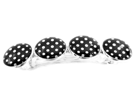 Haarknip zilverkleur met 4 cabochons, zwart met witte stippen