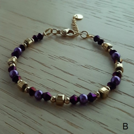 Armband Paarse Glaskralen en Goudkleur Hematiet