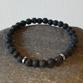 Heren Armband van 6mm zwarte Lava Kralen - 19.5cm