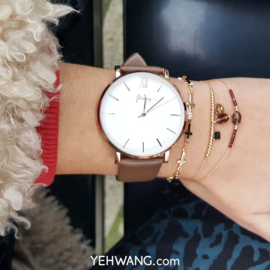 Horloge Rosé Goudkleur met  Bruin Leren Bandje - Ø 40mm