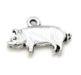 Metalen Hanger Bedel Biggetje - 14x19mm - Antiek Zilverkleur