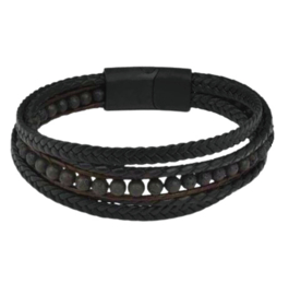 Zwart - bruin leren heren armband met vlechtwerk en lava kralen - 20.5cm