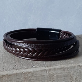 Donkerbruin Leren Herenarmband met RVS Magneetsluiting - 20.5cm