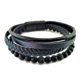 Zwart leren herenarmband met rvs magneetsluiting, zwarte lava kralen en mat zwarte agaat - 21cm