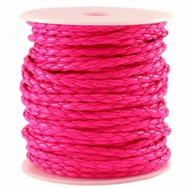 Rond gevlochten Imitatie Leer - ca 4mm dik – Neon Roze - 1 meter