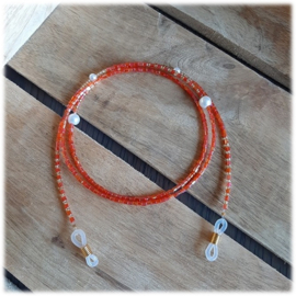 Brilketting - Oranjerood/Goudkleur met witte Glasparels -72cm
