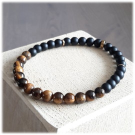 Natuursteen Herenarmband Matte Zwart Agaat en Bruin Tijgeroog - 20,5cm