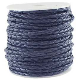 Rond gevlochten Imitatie Leer - ca 4mm dik - Donker Navyblauw - 1 meter