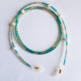 Brilketting - Turquoise/Goudkleur met witte Glasparels - 80cm