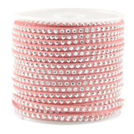 Imitatie suede leer 3mm met strass zilver – Strawberry Ice Pink - 50cm